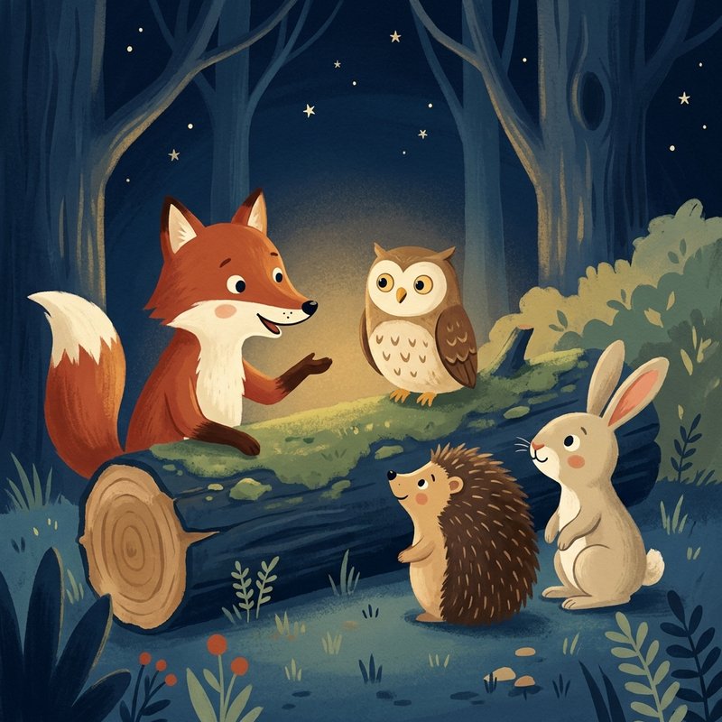 Illustration : un renard, un hibou, un hérisson et un lapin la nuit dans la forêt