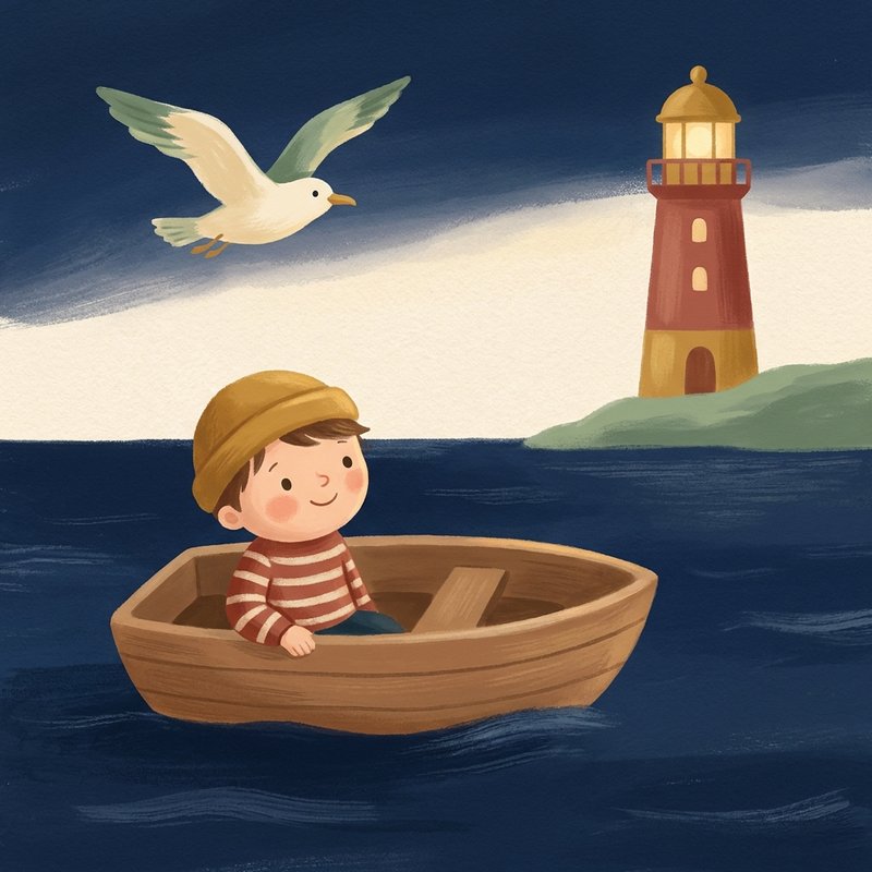 Illustration : un enfant dans une barque, un phare au loin