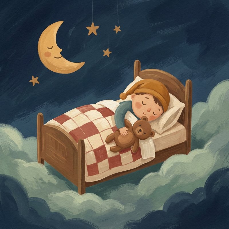 Illustration : un enfant dort avec son ours dans un lit posé sur les nuages