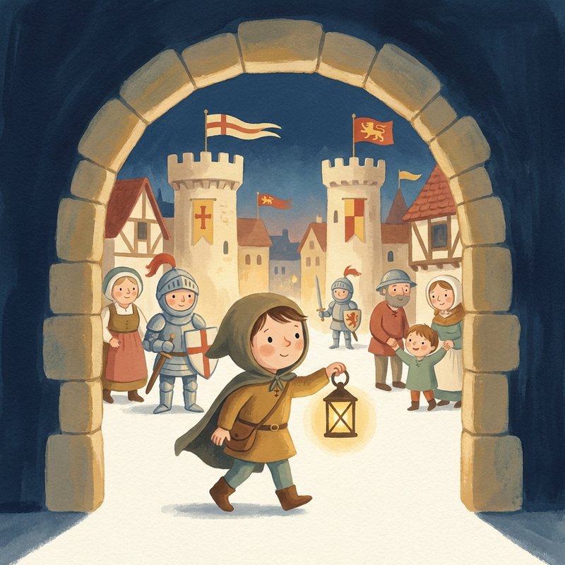 Illustration : un enfant avec une lanterne passe une arche vers un village du Moyen Âge